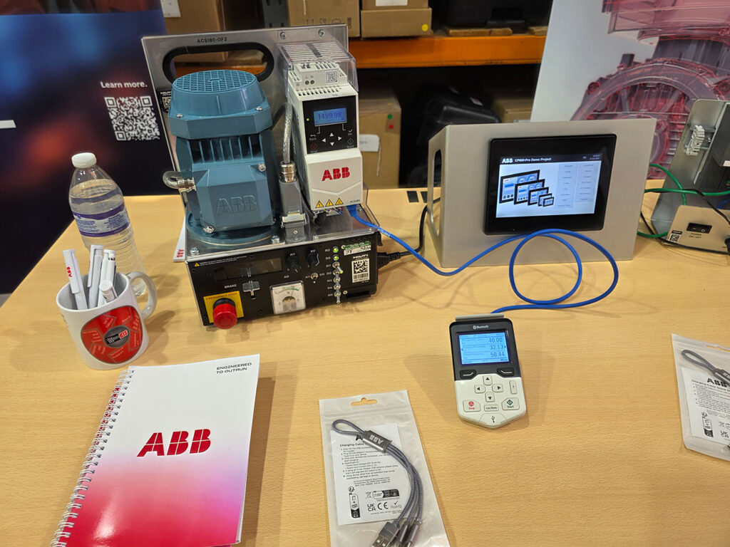 ABB ACS180 Variable Speed Drive demonstration rig showcased during the IDS Open Day 2026, highlighting motor control and industrial automation technology.